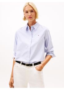 Hemdbluse Tommy Hilfiger "OXFORD RELAXED FIT SHIRT mit Hemdblusenkragen und Stickerei", Damen, Gr. 46, blau (classic ithaka stp breezy blau), Web, Obermaterial: 100% Baumwolle, gestreift, relaxed fit h&uuml;ftlang, &Auml;rmel mit &Auml;rmelschlitz 1-Knopf-Manschette, Blusen Hemdbluse, Baumwolle, relaxed fit