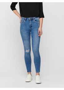 High-waist-Jeans Only "ONLMILA", Damen, Gr. 31, L&auml;nge 34, blau (medium, blau, denim), Denim/Jeans, Obermaterial: 94% Baumwolle, 4% Polyester, 2% Elasthan, Abriebeffekte, skinny fit, Jeans High-waist-Jeans