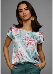 Shirtbluse Laura Scott "im Materialmix mit Satin, verschiedene Muster f&uuml;r jeden Geschmack", Damen, Gr. 40, gr&uuml;n (gr&uuml;n, gebl&uuml;mt), Single Jersey, Obermaterial: 100% Polyester. R&uuml;ckenteil: 95% Viskose, 5% Elasthan, gebl&uuml;mt, mehrfarbig, figurumspielend h&uuml;ftbedeckend, Rundhals, angeschnitten, Blusen Shirtbluse, femininer Stil, Rundhalsausschnitt, lockere Passform, Topseller