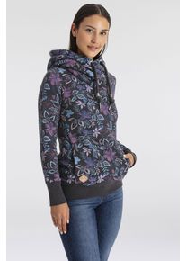 Kapuzensweatshirt Ragwear "GRIPY FLOWERS O", Damen, Gr. L, schwarz, Sweatware, Obermaterial: 70% Baumwolle, 30% Polyester, bedruckt, gebl&uuml;mt, gemustert, kontrastfarbene Details, mehrfarbig, figurumspielend h&uuml;ftbedeckend, asymmetrischer Ausschnitt, Sweatshirts Kapuzensweatshirt, Hoodie mit floralem All Over-Druck