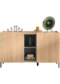 Sideboard OTTO HOME "Badia, 132 cm breit, 2 T&uuml;ren, Anrichte, Kommode, Stauraumschrank", eiche lindberg dekor, B:132cm H:80cm T:42cm, Holzwerkstoff, Sideboards, Sideboard, Innenliegendes Top, gerade Metallf&uuml;&szlig;e, salbeigr&uuml;ne Farbakzente