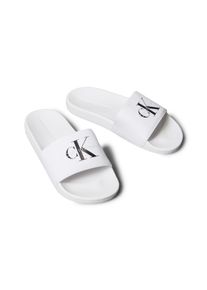 Badepantolette Calvin Klein Jeans "SLIDE MONOGRAM WN LOGO CK", Damen, Gr. 38, wei&szlig; (wei&szlig;, schwarz), Textil, Basic, Schuhe Badepantolette, Strandschuh, Pool Slides, Badeschuh, Flat mit Logo