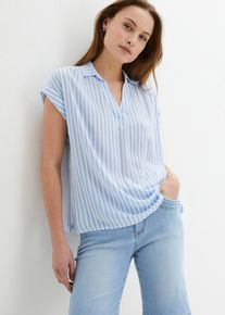 Kurzarmbluse bonprix "Kurzarmbluse aus flie&szlig;ender Viskose", Damen, Gr. 48, blau (perlblau, wei&szlig; gestreift), Web, Obermaterial: 100% Viskose, gestreift, loose fit h&uuml;ftbedeckend, V-Ausschnitt, angeschnitten Umschlagsaum, Blusen Kurzarmbluse, Loose Fit, f&uuml;r einen luftigen Look, aus Viskose, gestreift