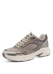 Plateausneaker Tamaris "GREY GLAM", Damen, Gr. 37, beige (grau), Lederimitat, Textil, Mesh, gl&auml;nzend, metallic, Basic, Schuhe Plateausneaker, Freizeitschuh, Halbschuh, Keilsneaker im angesagtem Metallic-Look