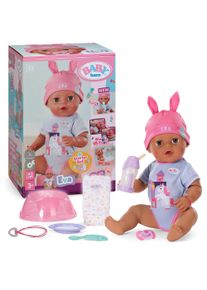 Babypuppe Baby Born "Eva Click & Play 43 cm", braun (lila), Puppen, Baby, Babypuppe, mit Click-&-Play: H&auml;lt Fl&auml;schchen und L&ouml;ffel selbst - ohne Batterien