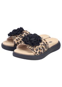 Pantolette Rieker, Damen, Gr. 41, braun (leo, schwarz), Nubuklederimitat, Textil, Schuhe Pantolette, Sommerschuh, Hausschuh, Strandschuh mit bequemem Fu&szlig;bett