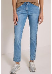 Straight-Jeans Cecil "Style Scarlett Straight", Damen, Gr. 33, L&auml;nge 28, blau (authentic used wash), Denim/Jeans, Obermaterial: 78% Baumwolle, 20% Polyester, 2% Elasthan. Futter: 52% Polyester, 48% Baumwolle, unifarben mit Farbeinsatz, straight fit lang, Jeans Straight-Jeans, mit Leo-Pipings / Streifen