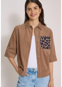 Kurzarmbluse Cecil, Damen, Gr. XL (44), braun (creamy mocha), Cord, Obermaterial: 100% Baumwolle, unifarben mit Farbeinsatz, bequem h&uuml;ftbedeckend, Rundhals, abgesteppte Kante, Blusen Kurzarmbluse, Sommerbluse aus Cord mit Leo-Brusttasche