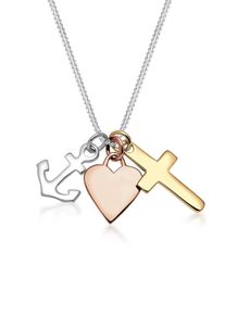 Kette mit Anh&auml;nger Elli "Halskette Tri-Color Anker Herz Kreuz 925 Sterling Silber" Gr. 45, bunt, Halsketten, Damen, ohne Stein, Silber 925 (Sterlingsilber), Kette mit Anh&auml;nger