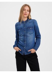 V&eacute;ro Moda Jeansbluse VERO MODA "VMMARIA LS DENIM SLIM SHIRT MIX NEW", Damen, Gr. S, blau (medium blau denim), Denim/Jeans, Obermaterial: 100% Baumwolle, figurumspielend h&uuml;ftbedeckend, 1-Knopf-Manschette mit Schlitz, Blusen Jeansbluse