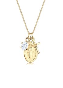 Silberkette Elli "Halskette Kreuz Marienbild Solit&auml;r Zirkonia 925 Silber" Gr. 45, gold, Halsketten, Damen, mit Stein, Silber 925 (Sterlingsilber), Silberkette