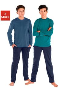 Pyjama AUTHENTIC LE JOGGER, Jungen, Gr. 134/140, bunt (petrol, marine), Jersey, Obermaterial: 100% Baumwolle, unifarben, Basic, l&auml;ssig geschnitten lang, Rundhals, abgesteppte Kante, Homewear-Sets Pyjama, in Basicfarben