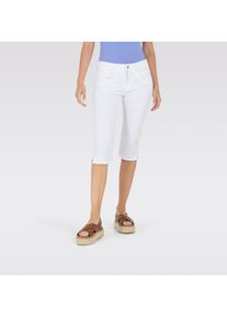 Caprijeans MAC "CAPRI", Damen, Gr. 42, L&auml;nge 19, wei&szlig; (wei&szlig; denim), Denim/Jeans, Obermaterial: 80% Baumwolle, 18% Polyester, 2% Elasthan, unifarben, figurbetont kniebedeckend, Jeans Caprijeans, Eingelegte Zierfalten am Saum