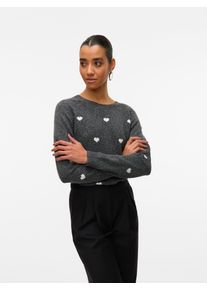 V&eacute;ro Moda Rundhalspullover VERO MODA "VMDOFFY INTARSIA LS O-NCK PULLOV GA NOOS", Damen, Gr. S, wei&szlig; (dunkelgrau melange detail:with wei&szlig; hearts), Strick, Obermaterial: 94% Polyester, 3% Elasthan, 3% Nylon, gemustert, regular fit h&uuml;ftlang, Rundhals, Pullover Rundhalspullover, Materialmix, regular fit