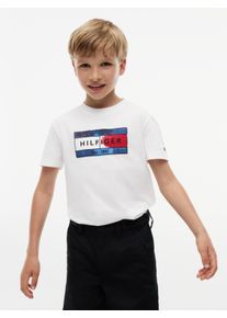 T-Shirt Tommy Hilfiger "HILFIGER FLAG GRAPHIC TEE", Jungen, Gr. 14 (164), wei&szlig;, Single Jersey, Obermaterial: 100% Baumwolle, unifarben, regular fit normal, Rundhals, abgesteppte Kante, Shirts T-Shirt, Rundhalsausschnitt, Regular Fit, Kinder bis 16 Jahre