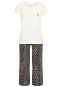 Pyjama Vivance Dreams, Damen, Gr. 40/42, ecru, schwarz bedruckt, Single Jersey, Obermaterial: 50% Baumwolle, 50% Viskose. Unterteil: 50% Baumwolle, 50% Viskose, bedruckt, unifarben, Basic, loose fit wadenlang, Rundhals, angeschnitten abgesteppt, Homewear-Sets Pyjama, mit Allover Print