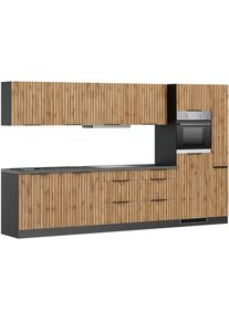 K&uuml;chenzeile KOCHSTATION "KS-Lagos, wahlweise mit E-Ger&auml;ten, Sp&uuml;le edelstahl oder schwarz", beige (k&uuml;che: natur, front: listrado eiche, korpus: grafitgrau, arbeitsplatte: betongrau), B:330cm H:200cm T:60cm, Komplettk&uuml;chen-Sets, K&uuml;chenzeile, Breite 330cm, GK-oder Induktionskochfeld,mit oder ohne K&uuml;hlschrank