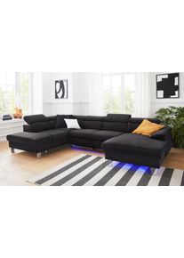 Wohnlandschaft COTTA "Komaris U-Form, B: 320 cm", schwarz, B:320cm, Microfaser PRIMABELLE (100% Polyester);Kunstleder SOFTLUX;Feinstruktur (100% Polyester);Kunstleder SOFTLUX/Struktur (100% Polyester);NaturLEDER, Sofas, Wohnlandschaft, mit Kopfteilverstellung, optional Schlaffunktion, Bettkasten & Licht