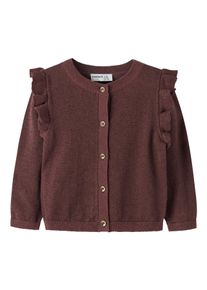 Strickjacke name it "NMFABINNE LS KNIT CARD NOOS", M&auml;dchen, Gr. 98, braun (wild ginger detail:tone in tone lurex), Strick, Obermaterial: 74% Baumwolle, 18% Polyester, 8% metallisierte Fasern, normal normal, Rundhals, Strickb&uuml;ndchen, Strickjacken Strickjacke, mit s&uuml;&szlig;er R&uuml;sche an den Schultern