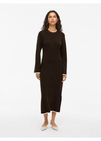 Strickkleid Vila "VIKERRY O-NECK L/S KNIT MAXI DRESS-NOOS", Damen, Gr. XL, N-Gr, coffee bean detail:sandshell edges, Feinstrick, Obermaterial: 53% Polyester, 30% Viskose, 17% Polyamid, unifarben mit Farbeinsatz, regular fit ca. Mitte Wade, Rundhals, Kleider Strickkleid, Materialmix, regular fit