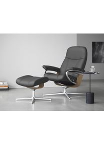 Fu&szlig;hocker stressless "Consul", grau (grau batick), B:54cm H:41cm T:39cm, Leder BATICK: BATICK ist ein leicht korrigiertes, durchgef&auml;rbtes und genarbtes M&ouml;belleder, bei dem die meisten Unebenheiten und Spuren in der Regel entfernt wurden., Hocker, Fu&szlig;hocker, mit Cross Base, Gr&ouml;&szlig;e S, M & L, Holzakzent Eiche