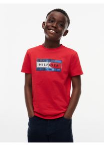 T-Shirt Tommy Hilfiger "HILFIGER FLAG GRAPHIC TEE", Jungen, Gr. 4 (104), rot glare, Single Jersey, Obermaterial: 100% Baumwolle, unifarben, regular fit normal, Rundhals, abgesteppte Kante, Shirts T-Shirt, Rundhalsausschnitt, Regular Fit, Kinder bis 16 Jahre