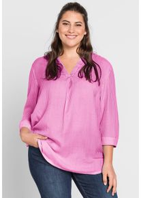 Longbluse sheego, Damen, Gr. 56, magenta, wei&szlig;, gestreift, 100% Viskose, gemustert, gestreift, mehrfarbig, Rundhals, Blusen Longbluse