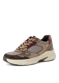 Plateausneaker Tamaris "GREY GLAM", Damen, Gr. 40, braun (beige kombiniert), Lederimitat, Textil, Mesh, kontrastfarbene Details, metallic, Basic, Schuhe Plateausneaker, Freizeitschuh, Halbschuh, Keilsneaker im angesagtem Metallic-Look