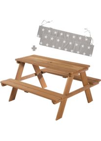 Kindersitzgruppe Roba "Picknick for 4 Outdoor +, Teakholz-Optik", braun (teakholz, optik), Sitzm&ouml;bel-Sets, Kinder, B/H/T: 89cm x 50cm x 84,5cm, Kindersitzgarniturmit 2 Sitzauflagen, Massivholz, Kindersitzgruppe, mit abgerundeten Ecken; inklusive Sitzauflagen &Acirc;&raquo;Little Stars&Acirc;&laquo;, B:89cm H:50cm T:84,5cm