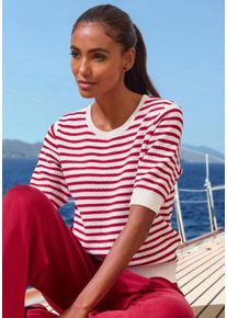 T-Shirt French Connection, Damen, Gr. 36/38, rot (wei&szlig;, rot), Strick, Obermaterial: 72% Viskose, 28% Polyester, gestreift, figurumspielend h&uuml;ftlang, Rundhals, Rippstrickb&uuml;ndchen, Shirts T-Shirt, Loungeshirt mit kurzem Arm, aus soften Strukturstrick, Loungewear