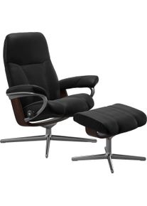 Relaxsessel stressless "Consul", schwarz (schwarz batick), B:82cm H:102cm T:72cm, Leder BATICK: BATICK ist ein leicht korrigiertes, durchgef&auml;rbtes und genarbtes M&ouml;belleder, bei dem die meisten Unebenheiten und Spuren in der Regel entfernt wurden., Sessel, Relaxsessel, mit Cross Base, Gr&ouml;&szlig;e S, M & L, Holzakzent Braun