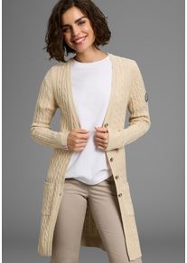 Longstrickjacke KANGAROOS, Damen, Gr. 44/46, beige (wollwei&szlig;, beige), Strick, Obermaterial: 50% Baumwolle, 50% Polyacryl, Zopfmuster, meliert, figurbetont Po-bedeckend, V-Ausschnitt, Rippb&uuml;ndchen, Strickjacken Longstrickjacke, mit Kn&ouml;pfen, po-bedeckende L&auml;nge, figurbetonte Passform