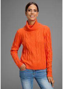 Rollkragenpullover Kangaroos, Damen, Gr. 44/46, orange (orange meliert), Strick, Obermaterial: 50% Viskose, 28% Polyester, 22% Polyamid, Zopfmuster, meliert, l&auml;ssig geschnitten h&uuml;ftlang, Rippb&uuml;ndchen, Pullover Rollkragenpullover, aus Strick, mit l&auml;ssiger Passform, h&uuml;ftlange Schnittform