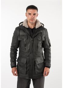 Parka Mauritius "MMUnimak", Herren, Gr. S (48), schwarz, Obermaterial: 100% Schafsleder. Futter: 100% Nylon. Kapuze: 100% Schafsleder. Kapuzenfutter: 100% Polyester. &Auml;rmelfutter: 100% Polyester, unifarben, regular fit Po-bedeckend, B&uuml;ndchen, Jacken Parka, aus Leder mit textilen Details
