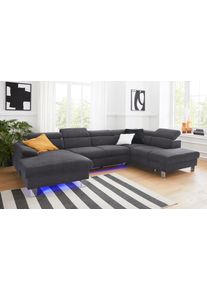 Wohnlandschaft COTTA "Komaris U-Form, B: 320 cm", grau, B:320cm, Microfaser PRIMABELLE (100% Polyester);Kunstleder SOFTLUX;Feinstruktur (100% Polyester);Kunstleder SOFTLUX/Struktur (100% Polyester);NaturLEDER, Sofas, Wohnlandschaft, mit Kopfteilverstellung, optional Schlaffunktion, Bettkasten & Licht