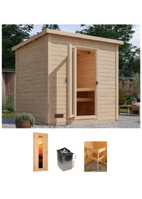 Saunahaus Karibu "Talo 3", beige (naturbelassen), Saunaofen, integrierte Steuerung, 9 kW, Saunen, Saunahaus, Ofen 9 kW integr. Strg