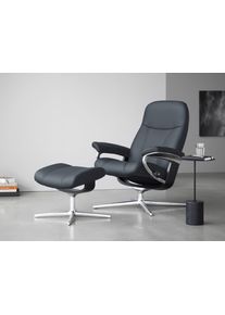Relaxsessel stressless "Consul", blau (atlantic blau batick), B:78cm H:97cm T:70cm, Leder BATICK: BATICK ist ein leicht korrigiertes, durchgef&auml;rbtes und genarbtes M&ouml;belleder, bei dem die meisten Unebenheiten und Spuren in der Regel entfernt wurden., Sessel, Relaxsessel, mit Hocker, mit Cross Base, Gr&ouml;&szlig;e S, M & L, Holzakzent Schwarz