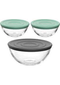 Schale Leonardo "Schalen-Set CUCINA, 6-teilig, 3 Sch&uuml;sseln mit Silikondeckel", transparent (transparent, schwarz, t&uuml;rkis), H:15,3cm &Oslash;:23,3cm, Glas, Sch&uuml;sseln, Schale, sp&uuml;lmaschinengeeignet