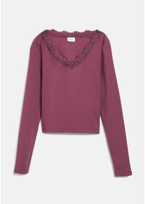 Langarmshirt s.Oliver JUNIOR, M&auml;dchen, Gr. 134/140, lila (burgundy), Jersey, Obermaterial: 100% Baumwolle, unifarben, normal h&uuml;ftbedeckend, V-Ausschnitt, abgesteppte Kante, Shirts Langarmshirt, mit V-Ausschnitt mit H&auml;kelapplikationen / f&uuml;r Girls
