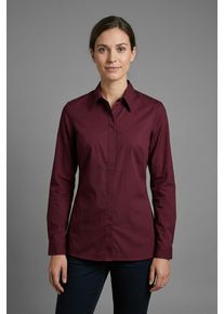 Langarmbluse bonprix "Long-Stretch-Bluse", Damen, Gr. 44, rot (ahornrot), Obermaterial: 72% Baumwolle, 26% Polyamid, 2% Elasthan, festlich, loose fit, Blusen Langarmbluse, lockere Passform, mit Stehkragen, mit verdeckter Knopfleiste