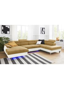 Wohnlandschaft COTTA "Komaris U-Form, B: 320 cm", beige (creme, mustard), B:320cm, Microfaser PRIMABELLE (100% Polyester);Kunstleder SOFTLUX;Feinstruktur (100% Polyester);Kunstleder SOFTLUX/Struktur (100% Polyester);NaturLEDER, Sofas, Wohnlandschaft, mit Kopfteilverstellung, optional Schlaffunktion, Bettkasten & Licht