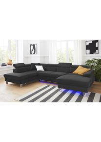 Wohnlandschaft COTTA "Komaris U-Form, B: 320 cm", schwarz, B:320cm, Microfaser PRIMABELLE (100% Polyester);Kunstleder SOFTLUX;Feinstruktur (100% Polyester);Kunstleder SOFTLUX/Struktur (100% Polyester);NaturLEDER, Sofas, Wohnlandschaft, mit Kopfteilverstellung, optional Schlaffunktion, Bettkasten & Licht
