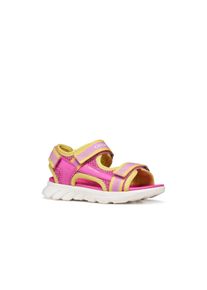 Sandale Geox "J SANDAL AIRADYUM GI", M&auml;dchen, Gr. 30, pink, gelb, Synthetik, Textil, Schuhe Sandale, Klettschuh mit Logo, Gr&ouml;&szlig;enschablone zum Download