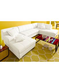 Wohnlandschaft DOMO collection "TURAH 297x195x75 cm, moderne Steppung", beige (keramik), B:297cm H:75cm T:82cm, Microfaser PRIMABELLE (100% Polyester);Struktur ( 85% Polyester, 15% Acryl);NaturLEDER (Echtes Rindsleder);Kunstleder SOFTLUX/Struktur ( 100% Polyester);Zierkissen: wie Oberstoff, Sofas, Wohnlandschaft, wahlweise mit Bettfunktion, B/T/H: 297/82/75 cm, U-Form