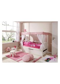 Himmelbett Ticaa "Lino", rosa (kiefer massiv wei&szlig; lackiert, rosa), B:86cm, Betten, Himmelbett, Inklusive Rollrost, 2 Matratzen, Bord&uuml;re, T&uuml;ll-Set und Bettschubkasten