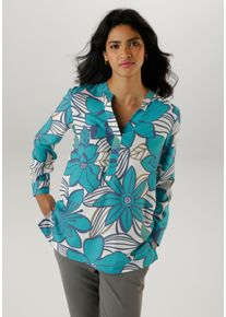 Schlupfbluse Aniston SELECTED, Damen, Gr. 40, blau (petrol, sanftes wei&szlig;, blau, camel), Web, Obermaterial: 100% Viskose, bedruckt, gebl&uuml;mt, gemustert, l&auml;ssig geschnitten h&uuml;ftbedeckend, V-Ausschnitt, 1-Knopf-Manschette, Blusen Schlupfbluse, mit malerischen Bl&uuml;tendruck