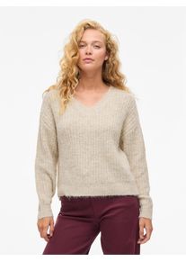 V-Ausschnitt-Pullover Vila "VilaMPE V-NECK L/S KNIT TOP-NOOS", Damen, Gr. S, beige (super light natural melan), Strick, Obermaterial: 70% Polyester, 21% Nylon, 8% Wolle, 1% Elasthan, unifarben, regular fit normal, V-Ausschnitt, Pullover V-Ausschnitt-Pullover, Materialmix, regular fit