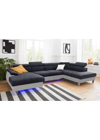 Wohnlandschaft COTTA "Komaris U-Form, B: 320 cm", grau (argent, schwarz), B:320cm, Microfaser PRIMABELLE (100% Polyester);Kunstleder SOFTLUX;Feinstruktur (100% Polyester);Kunstleder SOFTLUX/Struktur (100% Polyester);NaturLEDER, Sofas, Wohnlandschaft, mit Kopfteilverstellung, optional Schlaffunktion, Bettkasten & Licht
