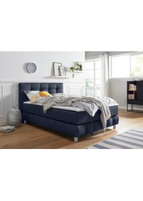 Boxspringbett Home Affaire "Salo", blau, B:154cm L:211cm, Struktur (100% Polyester);Bezug der Spiegelfl&auml;che Matratzendrell aus 100% Polyester;Samtoptik (100% Polyester), Komplettbetten, Boxspringbett, incl. Topper, 6 Breiten, 2 H&auml;rtegrade, TFK auch in H&auml;rtegrad 4