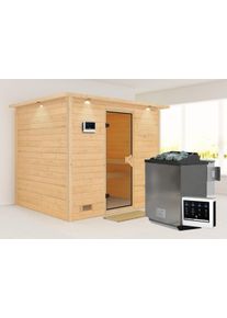 Sauna Karibu "Soraja", beige (naturbelassen), Bio-Kombiofen, externe Steuerung, 9 kW, Saunen, Sauna, Ofen 9 kW Bio externe Strg easy